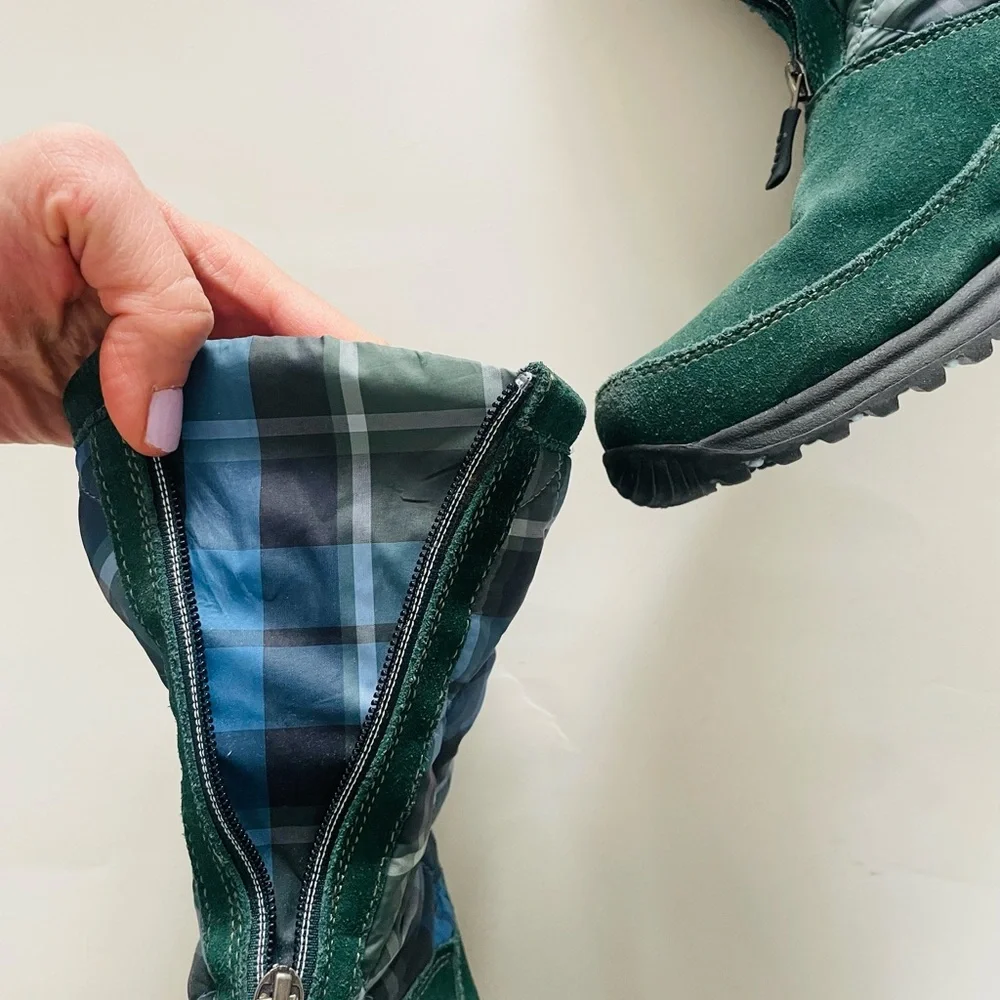 Lands’ End Vintage Green & Blue Plaid Suede Zip Winter Booties